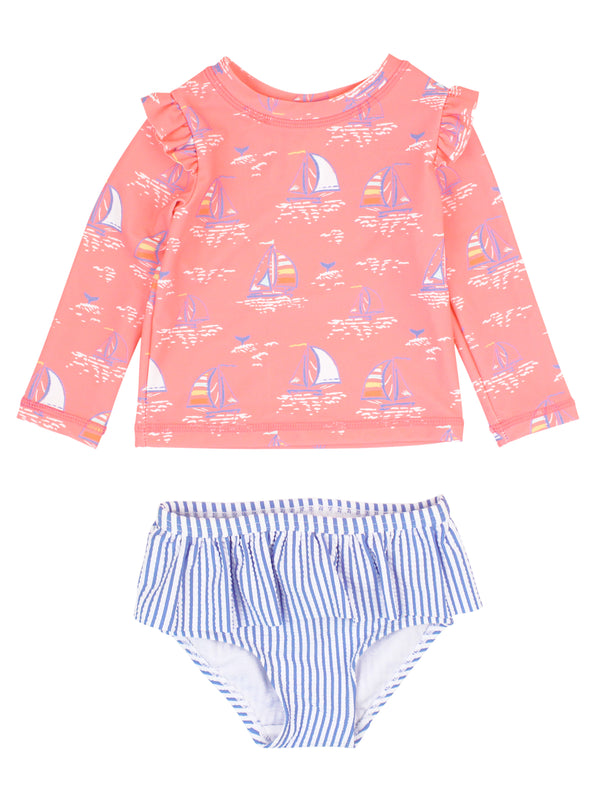 Skirted Flutter Rash Guard Bikini- Pink Seas The Day