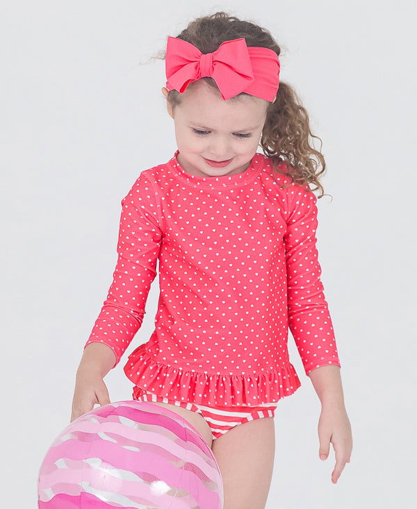 Long Sleeve Rash Guard Bikini- Hot Pink Heart/Polka Dot