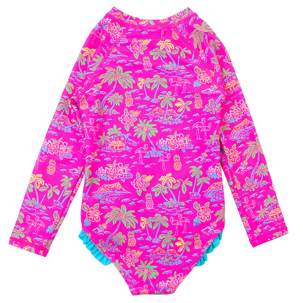 Girls Long Sleeve Rash Guard One Piece- Neon Island Time