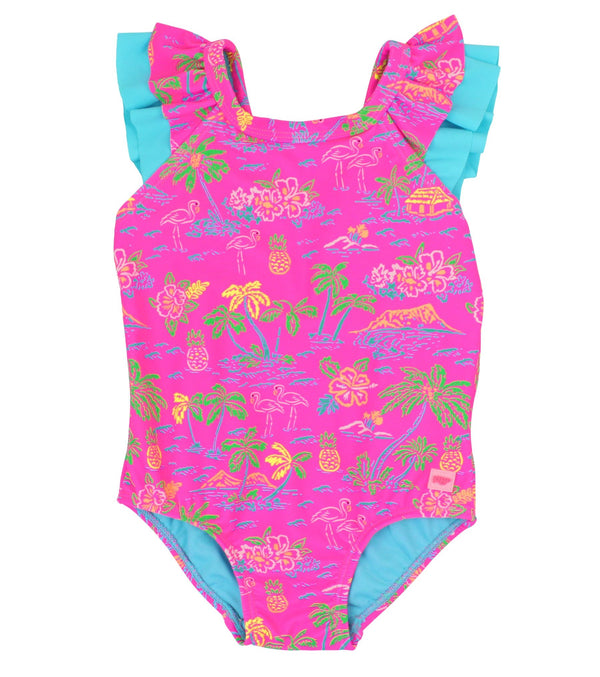 Ruffle V-Back One Piece- Neon Island Time