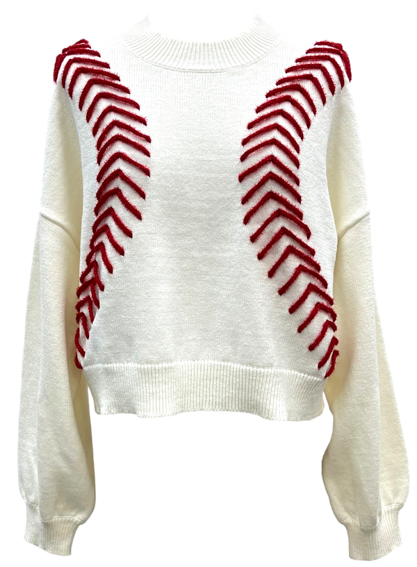 White Baseball Stitch Long Sleeve Sweater- White