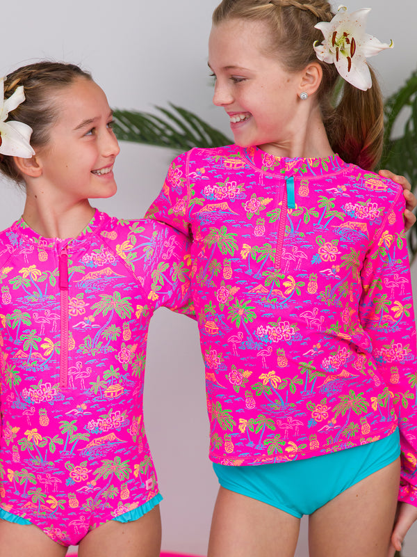 Girls Long Sleeve Rash Guard One Piece- Neon Island Time