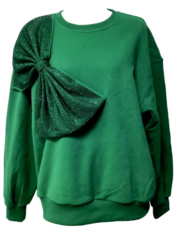 Emerald Green Oversized Rhinestone Bow Sweatshirt- (Women's)