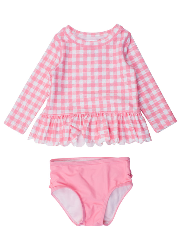 Scalloped Rash Guard 2-Piece- Bubblegum Gingham