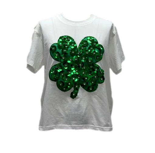 White & Green Sequin Flower Shamrock Tee- (Women's)