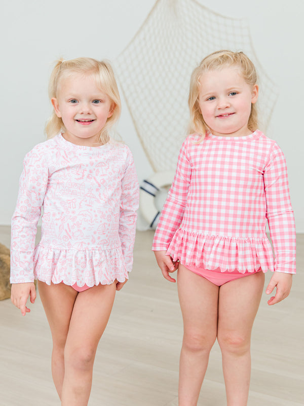 Scalloped Rash Guard 2-Piece- Bubblegum Gingham