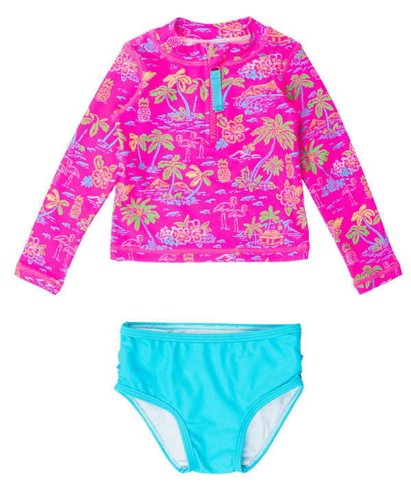 Long Sleeve Zipper Rash Guard 2-Piece- Neon Island Time