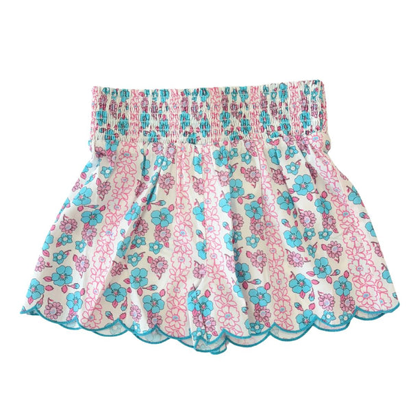 Shirred Scallop Shorts- Marguerite Floral Pink