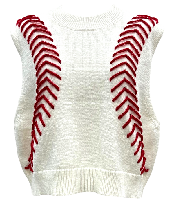 White Baseball Stitch Sweater Vest- White