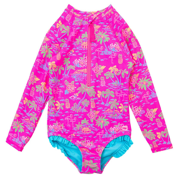 Girls Long Sleeve Rash Guard One Piece- Neon Island Time