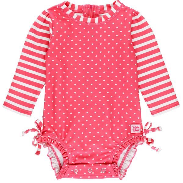 Long Sleeve One Piece Rash Guard- Hot Pink Heart Polka Dot