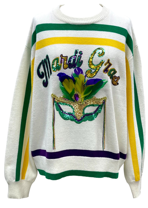 Striped Mardi Gras Mask Sweater- White (Women's)