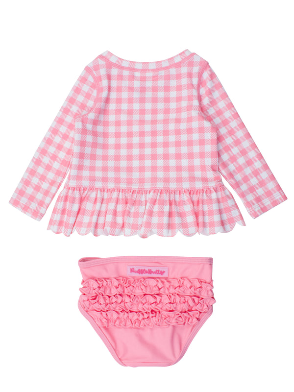 Scalloped Rash Guard 2-Piece- Bubblegum Gingham