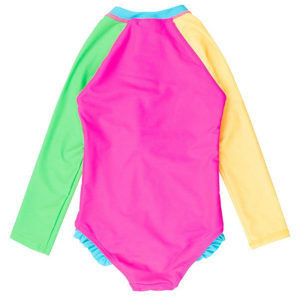 Girls Long Sleeve Rash Guard One Piece- Neon Color Block