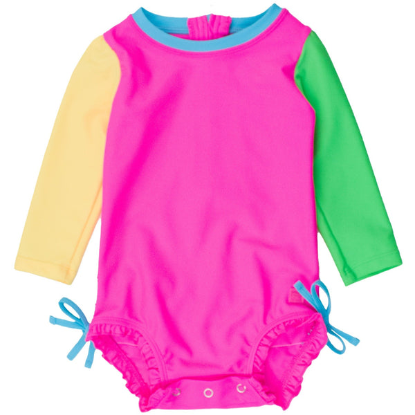 Long Sleeve One Piece Rash Guard- Neon Color Block