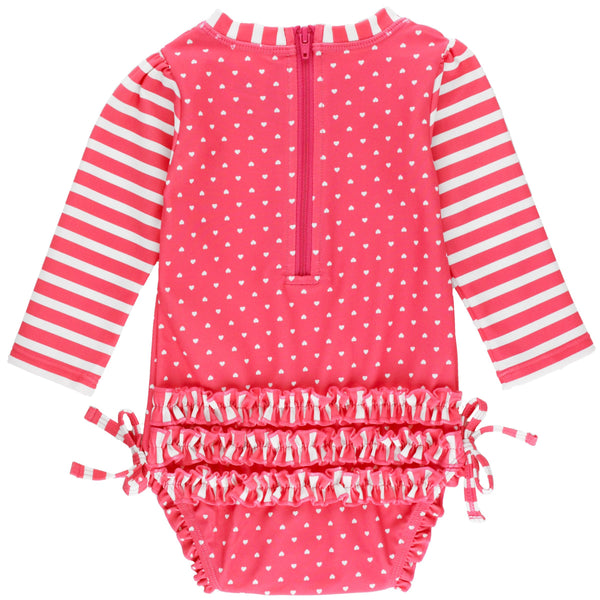 Long Sleeve One Piece Rash Guard- Hot Pink Heart Polka Dot