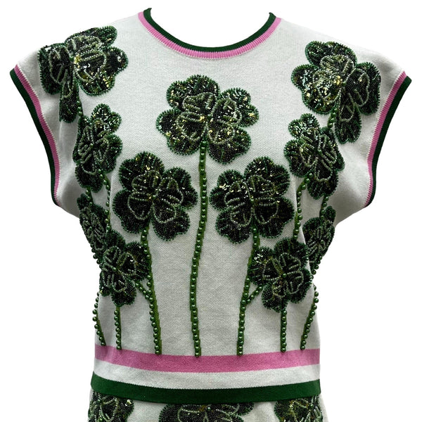 Green & Pink Stripe Trim Beaded Shamrock Top- (Women's)