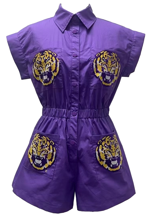 LSU Tiger Head Pocket Button Up Romper- (Women's)