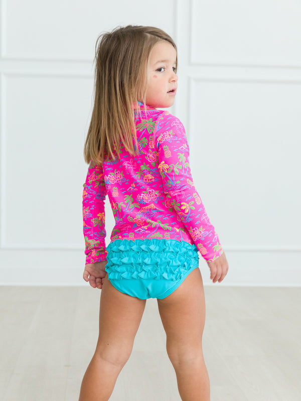 Long Sleeve Zipper Rash Guard 2-Piece- Neon Island Time