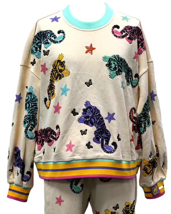 Beige Multi Crawling Tiger & Star Sweatshirt- (Women's)