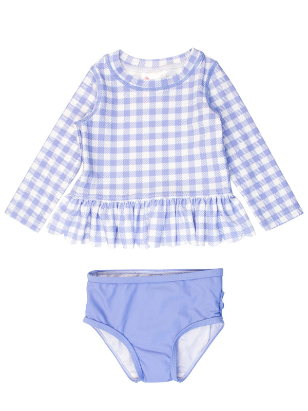 Scalloped Rash Guard 2-Piece- Periwinkle Blue Gingham