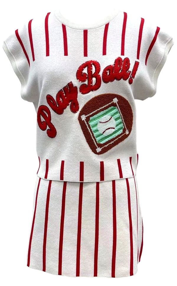 Red & White Stripe 'Play Ball' Top- (Women's)