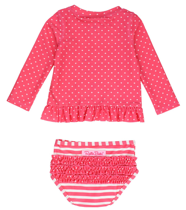 Long Sleeve Rash Guard Bikini- Hot Pink Heart/Polka Dot