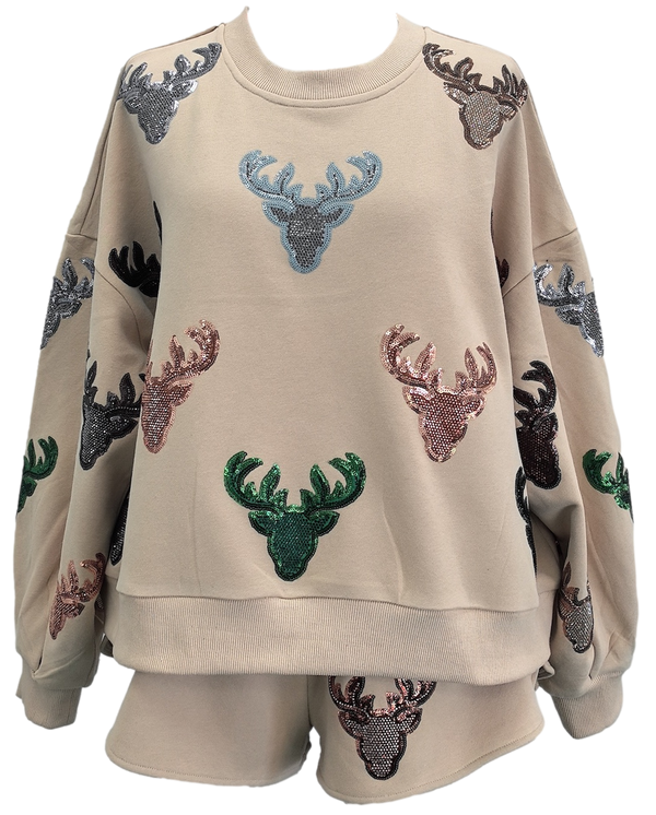 Beige Deer Head Sweatshirt- Women's