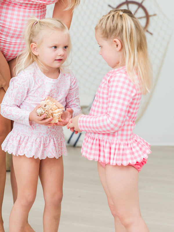 Scalloped Rash Guard 2-Piece- Bubblegum Gingham