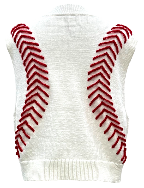 White Baseball Stitch Sweater Vest- White