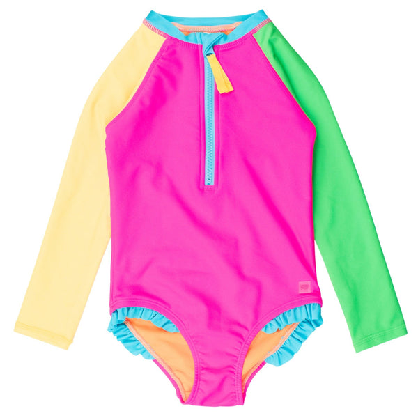 Girls Long Sleeve Rash Guard One Piece- Neon Color Block