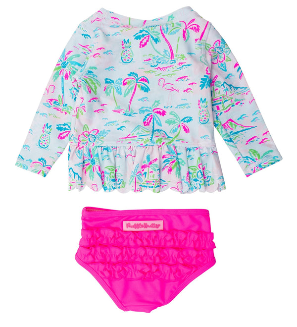 Scalloped Long Sleeve Rash Guard 2-Piece- Tropical Resort