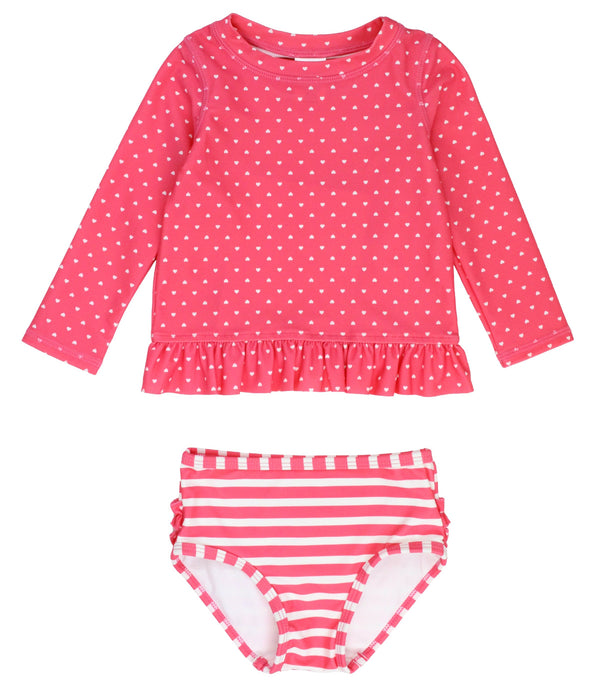 Long Sleeve Rash Guard Bikini- Hot Pink Heart/Polka Dot