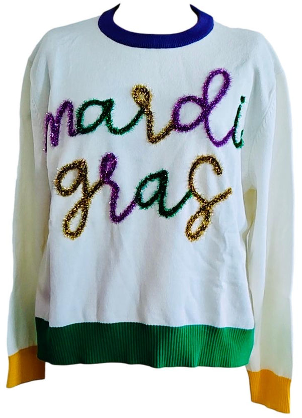 Colorblock Mardi Gras Glitter Script Sweater- White (Women's)