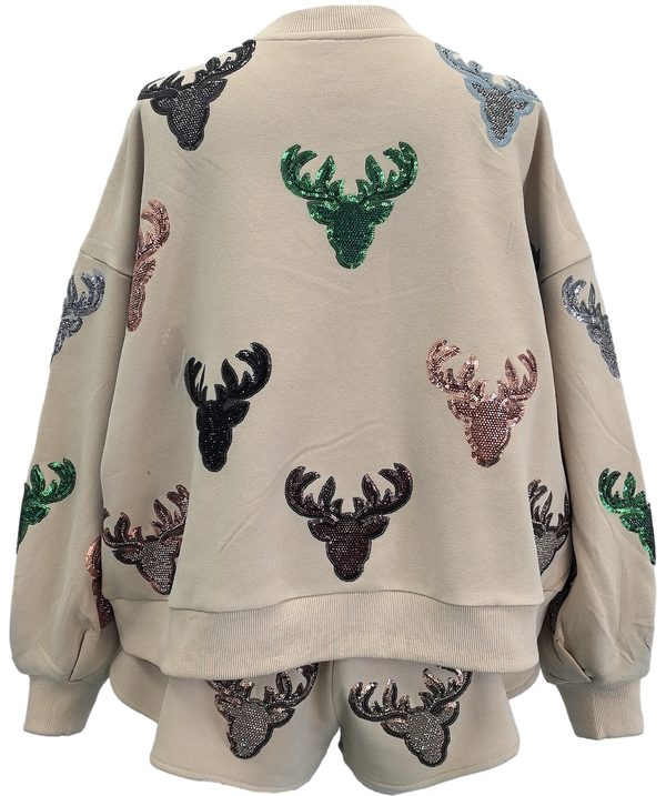 Beige Deer Head Sweatshirt- Women's