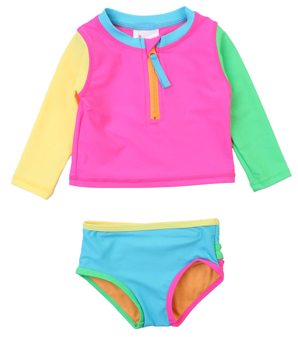 Long Sleeve Zipper Rash Guard 2-Piece- Neon Color Block