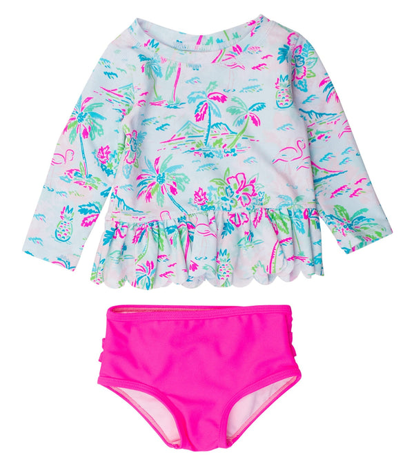 Scalloped Long Sleeve Rash Guard 2-Piece- Tropical Resort