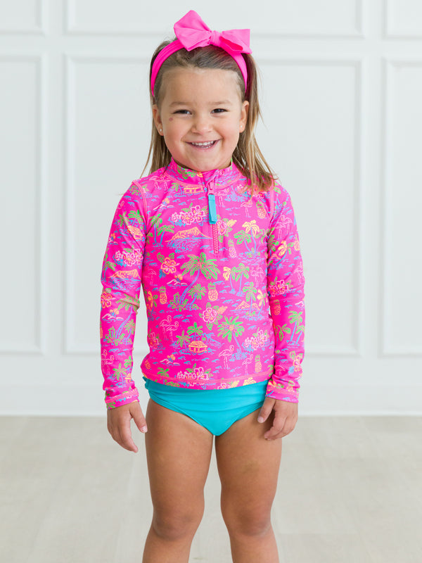 Long Sleeve Zipper Rash Guard 2-Piece- Neon Island Time