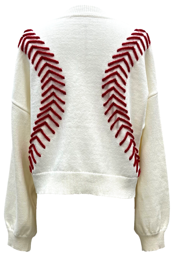 White Baseball Stitch Long Sleeve Sweater- White