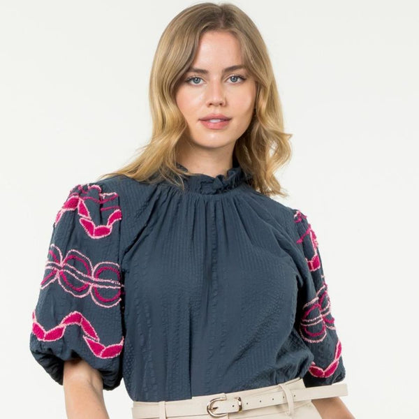 Hand Embroidered Sleeve Top- Denim Blue