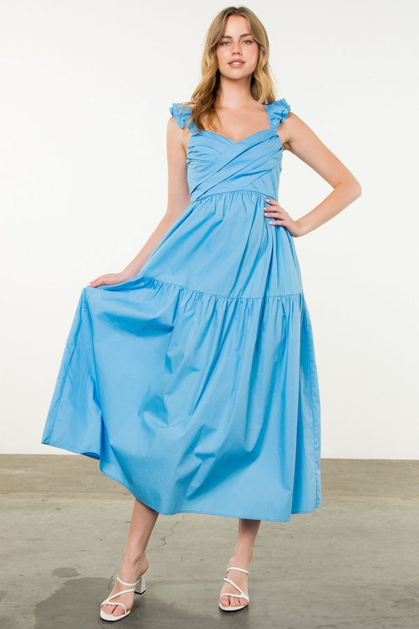 Tiered Poplin Maxi Dress- Blue