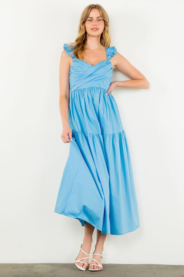 Tiered Poplin Maxi Dress- Blue