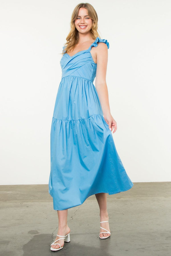 Tiered Poplin Maxi Dress- Blue