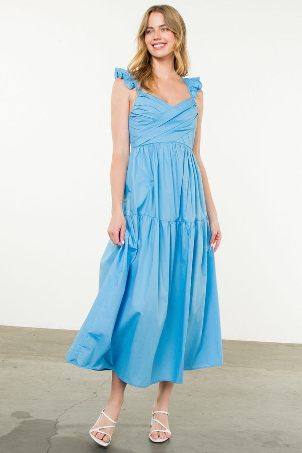 Tiered Poplin Maxi Dress- Blue