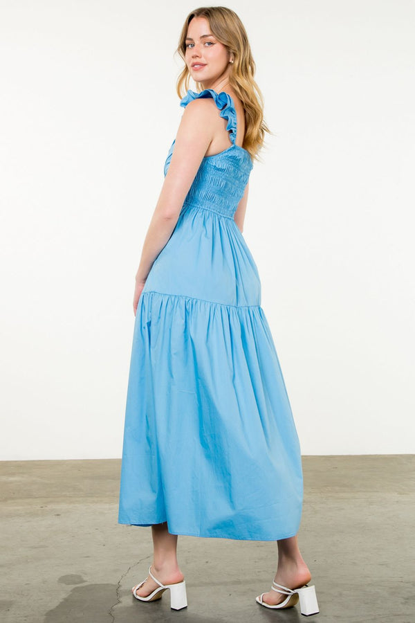 Tiered Poplin Maxi Dress- Blue