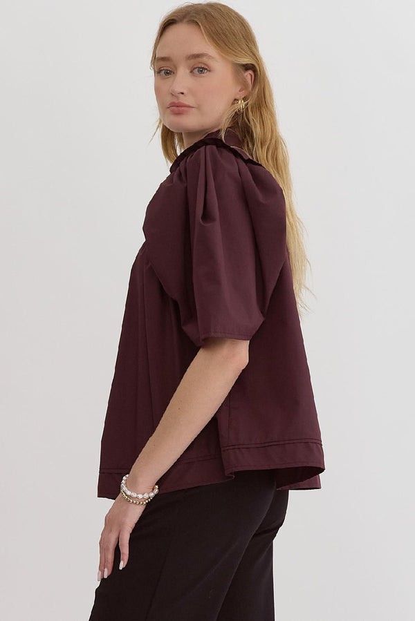 Button Up Half Sleeve Top- Chocolate