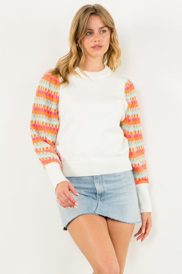 Knitted Bishop Sleeve Sweater- White