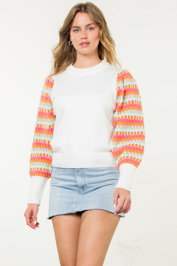 Knitted Bishop Sleeve Sweater- White