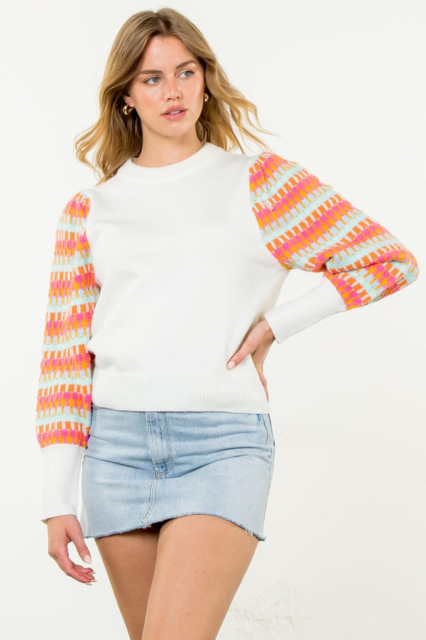 Knitted Bishop Sleeve Sweater- White