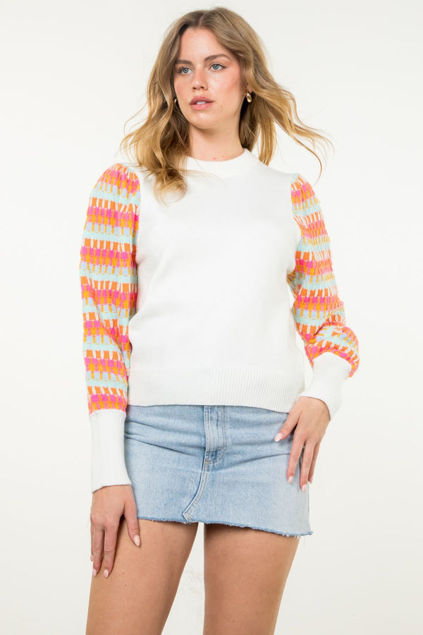 Knitted Bishop Sleeve Sweater- White